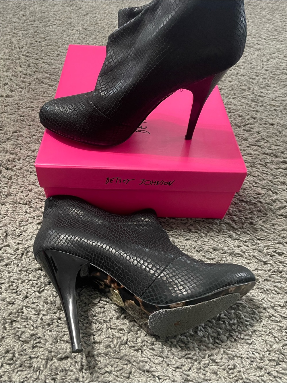 Betsey Johnson Black Textured Snake-Print Stiletto Ankle Boots